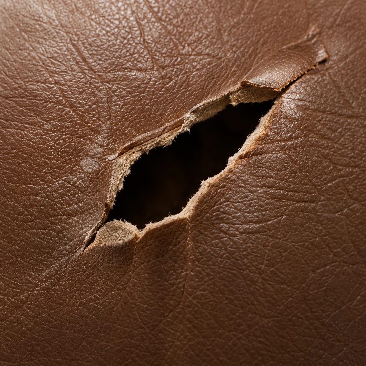 An open tear in brown leather with lifted edges