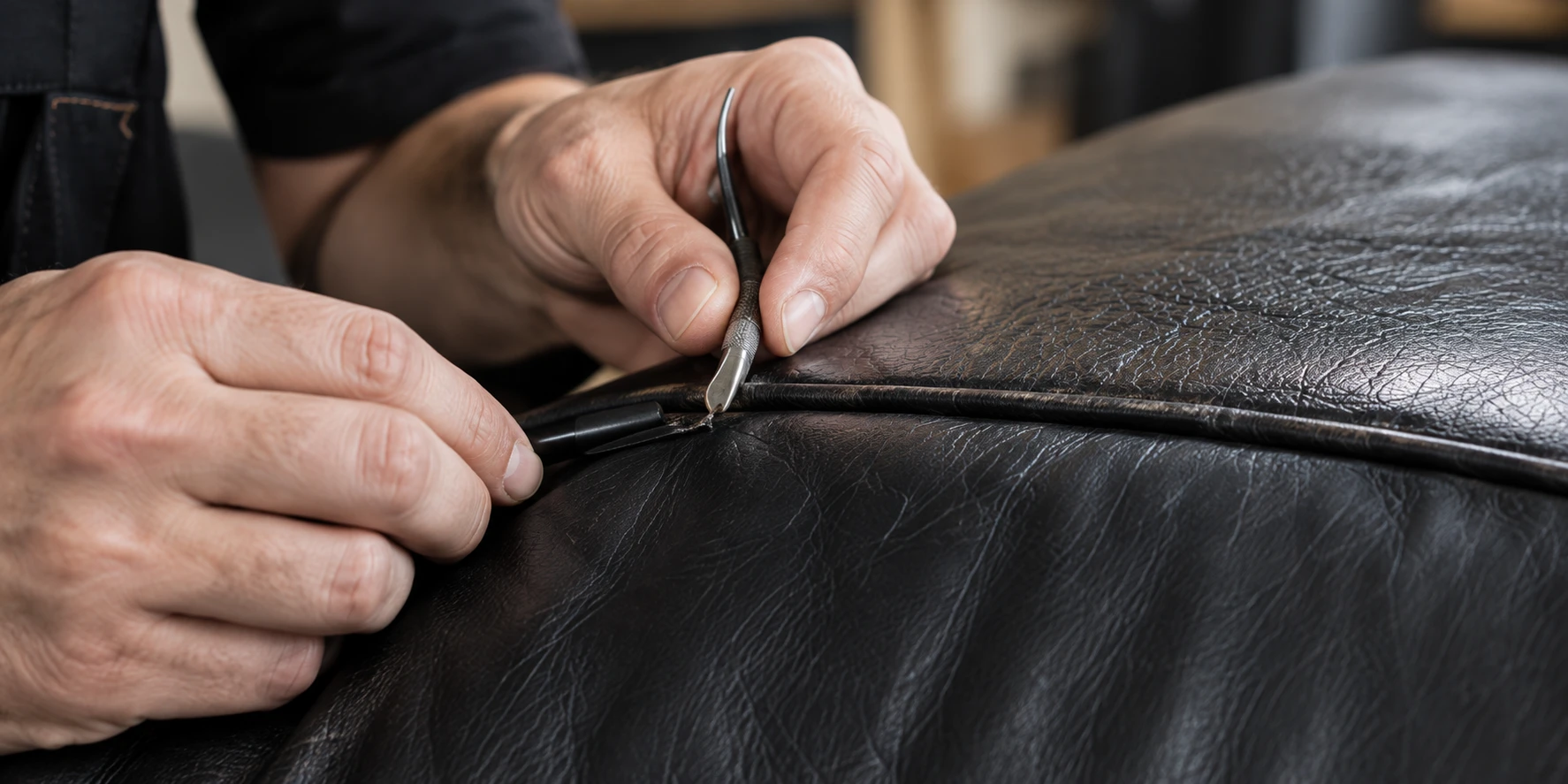 Localized DWR leather repair worked into a black leather seam by hand