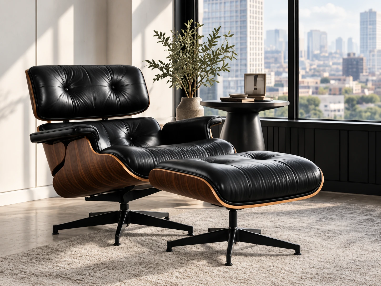 A black leather lounge chair and ottoman in a bright apartment