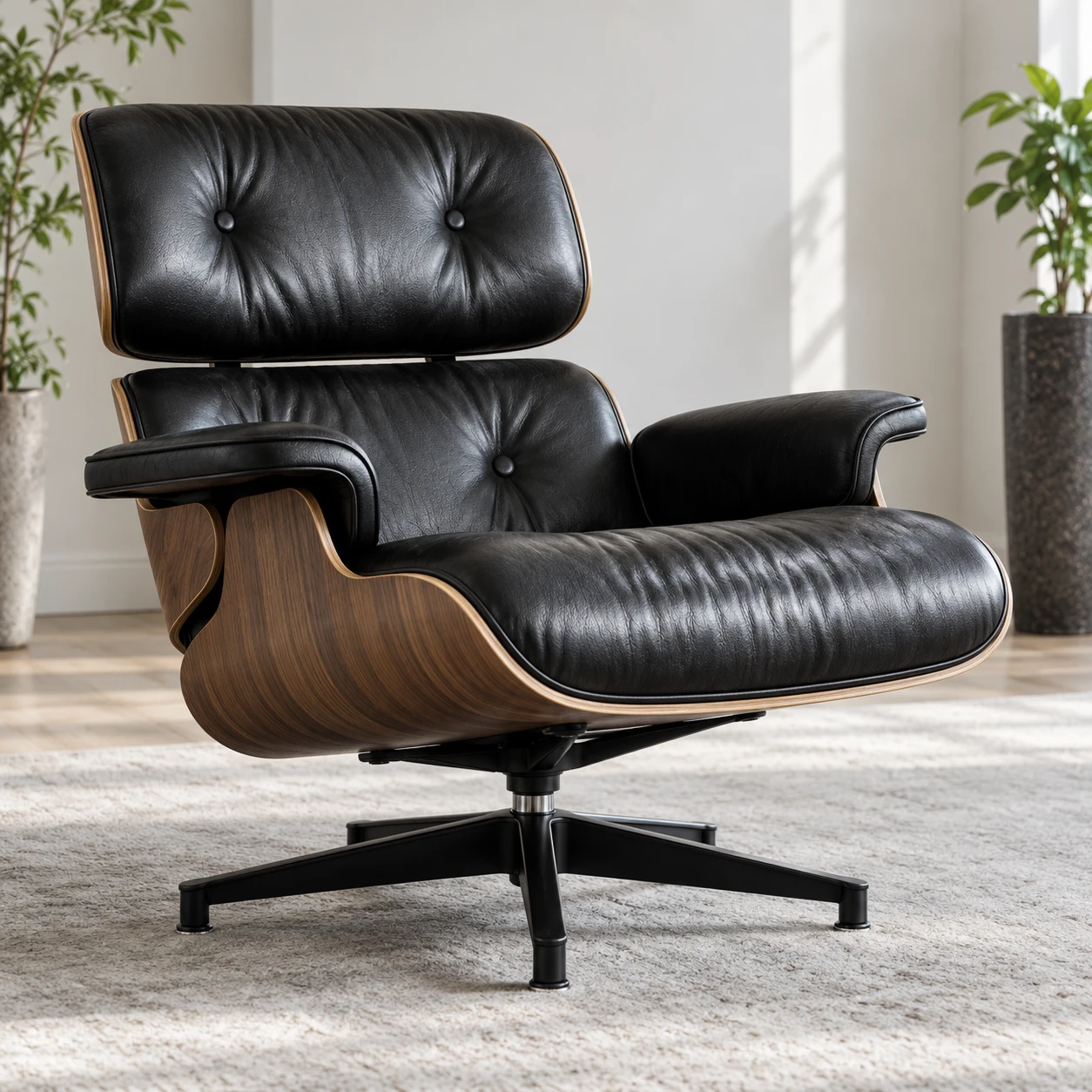 A black leather lounge chair with a moulded walnut shell