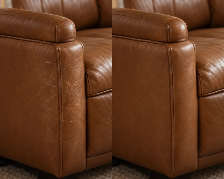 Tan lounge chair before and after leather scratch repair
