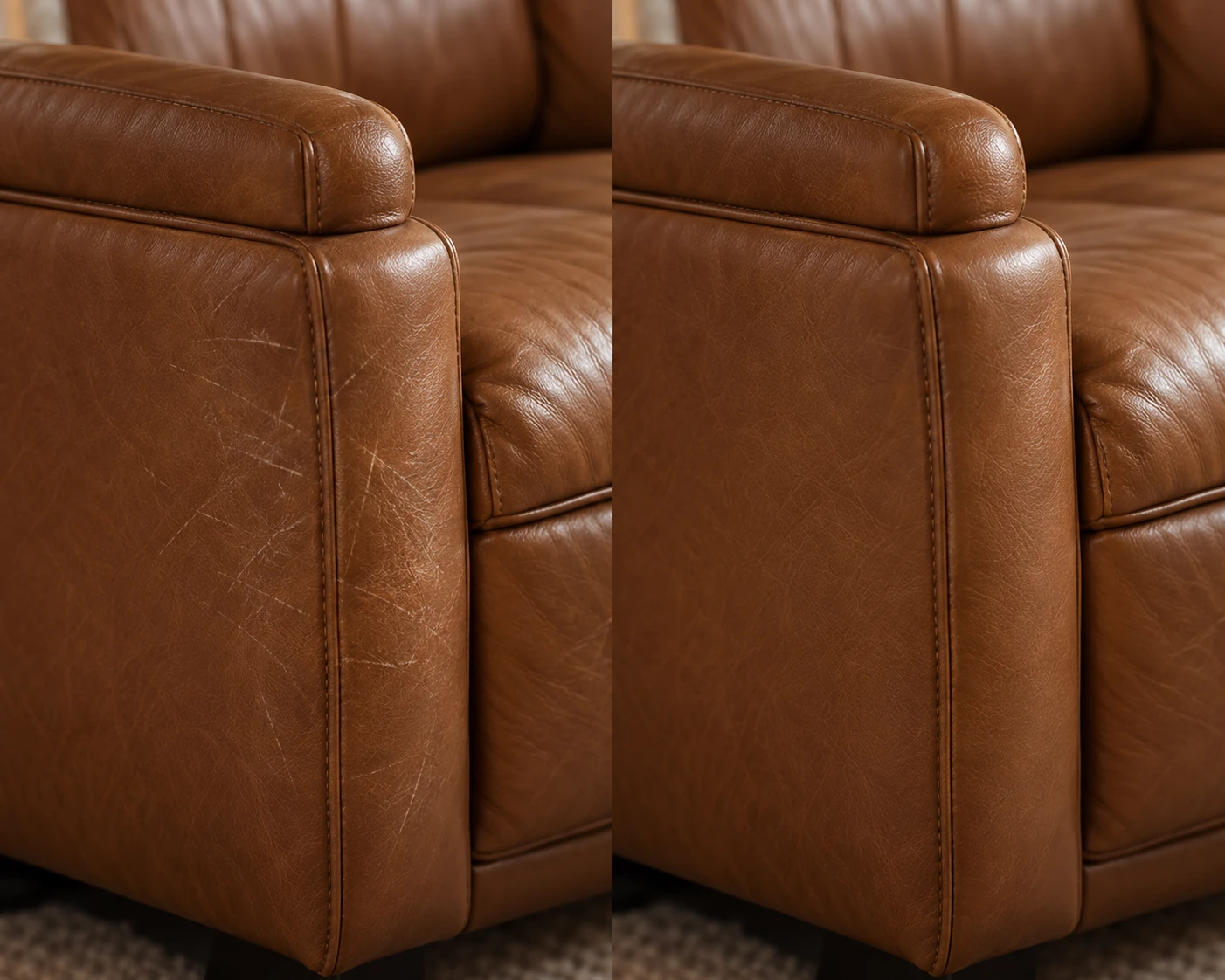 A tan leather armrest before and after scratch repair