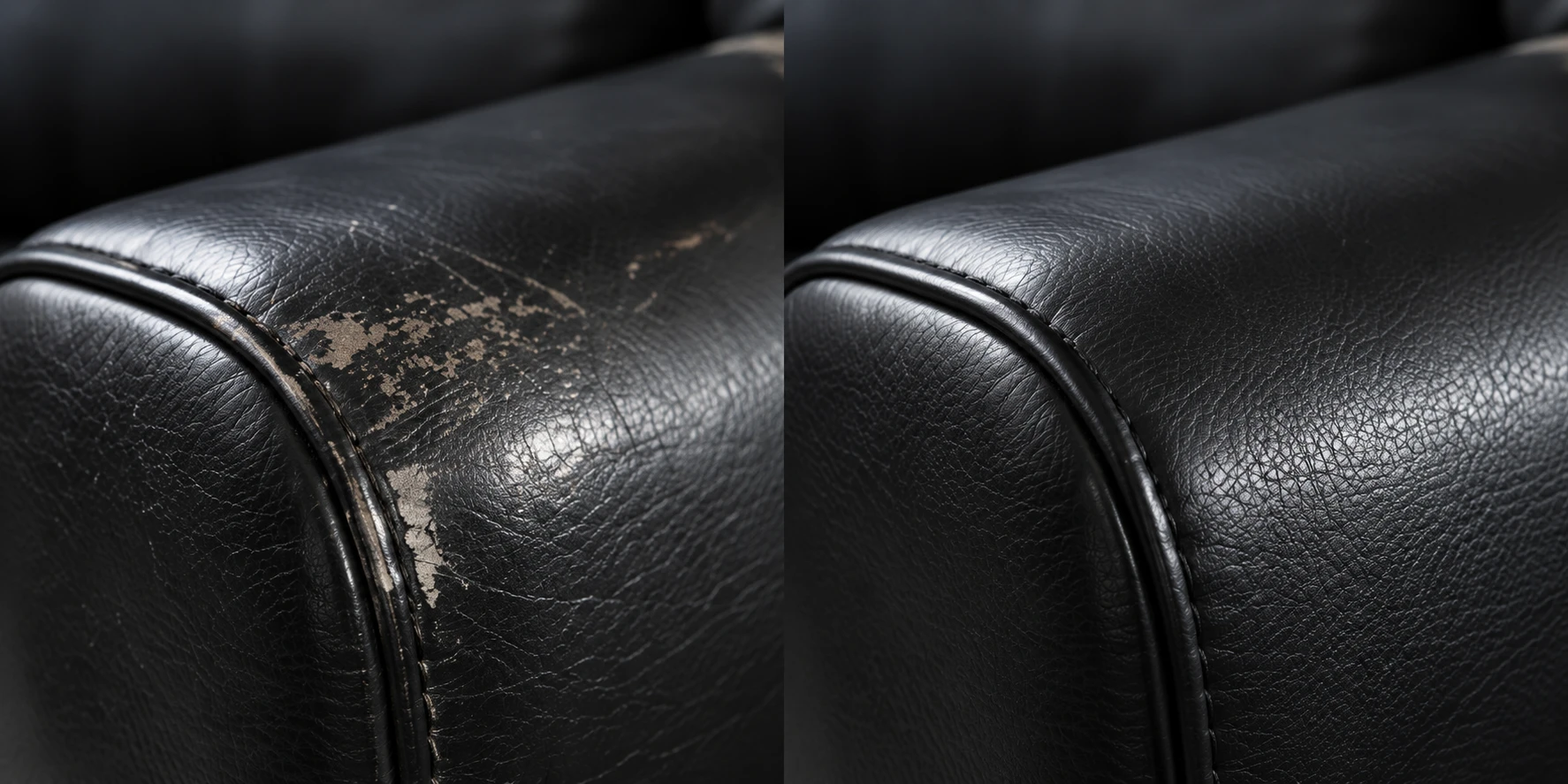 A scuffed black leather arm before and after refinishing