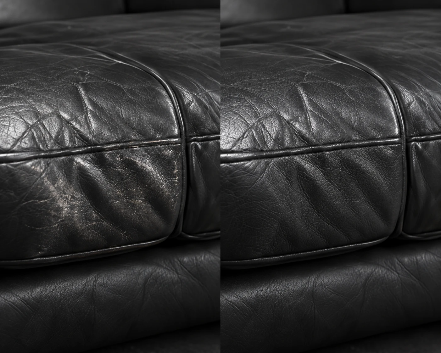 Black leather cushions before and after scuff repair
