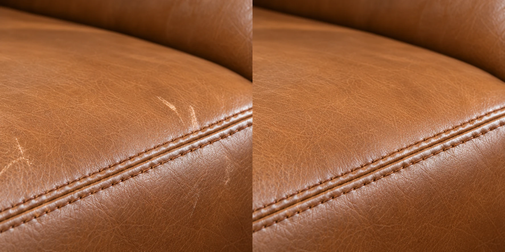 A scratch across a cognac leather seat before and after repair