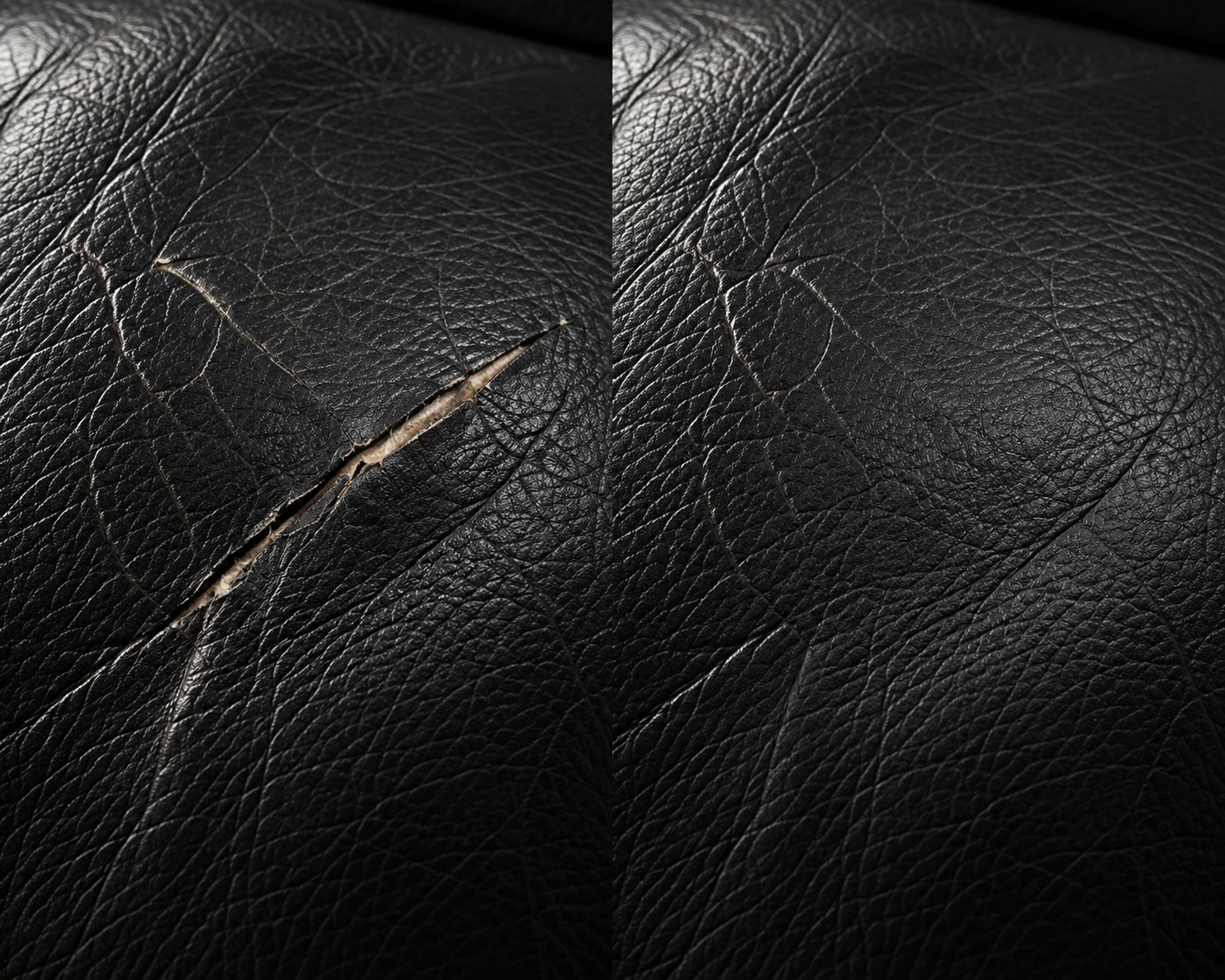 A split in black leather before and after tear repair