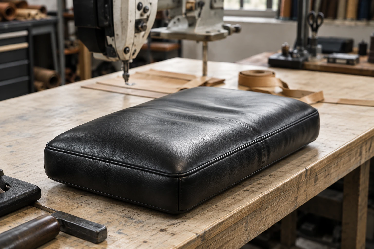 A black leather cushion on a workbench in a upholstery workshop
