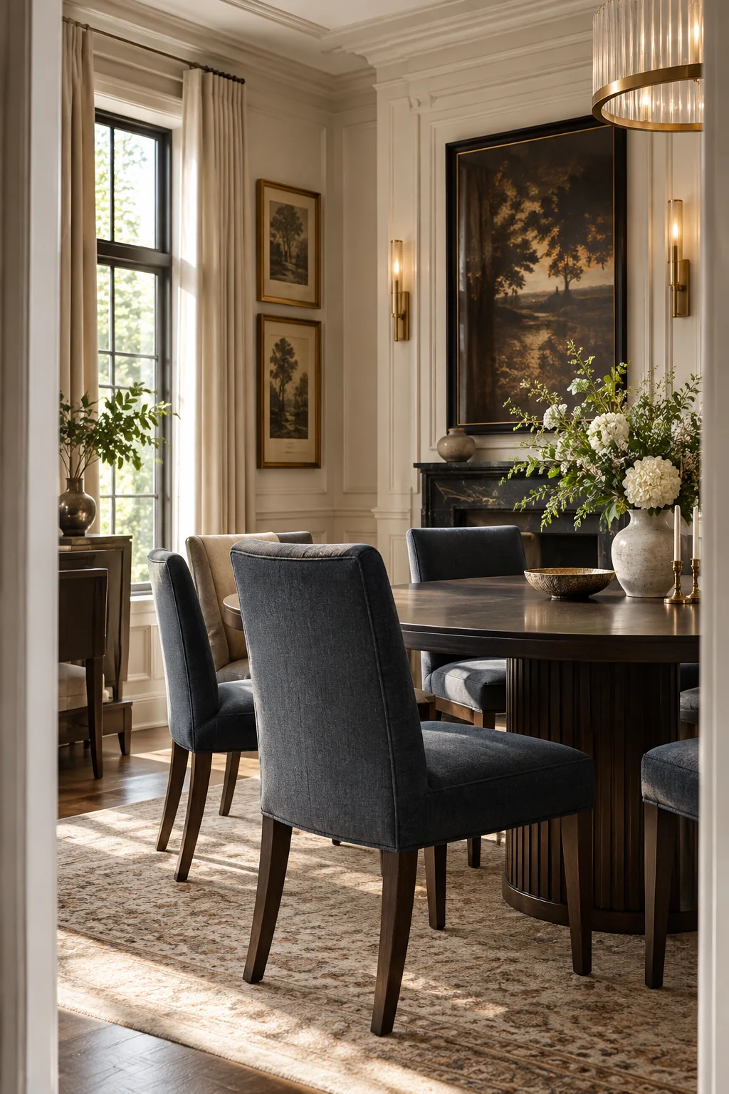 Designer dining room with dark recovered dining chairs
