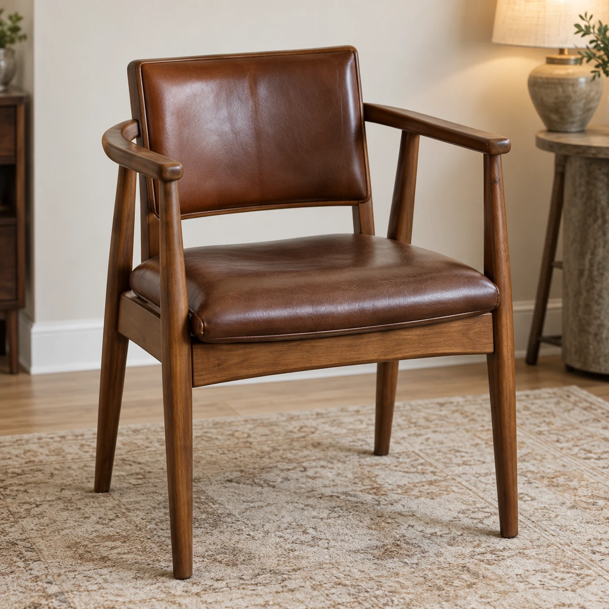 A midcentury dining armchair with a walnut show-wood frame and brown leather seat and back pads