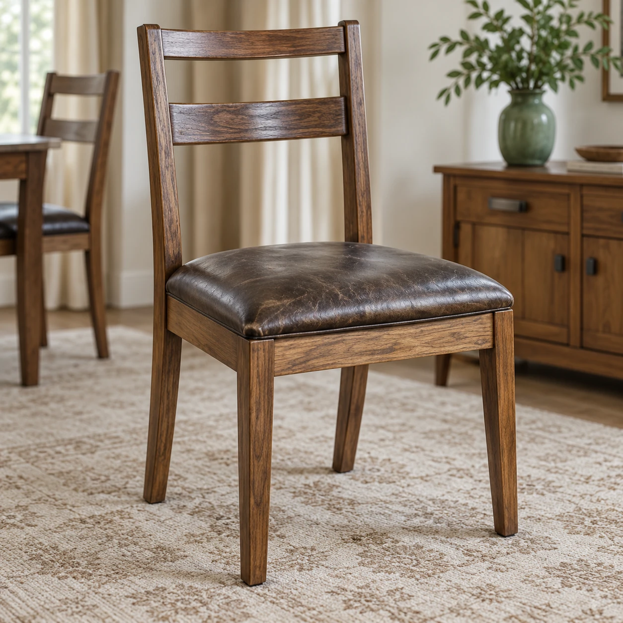 A timber ladder-back dining chair with a dark brown leather drop-in seat pad sitting in its frame
