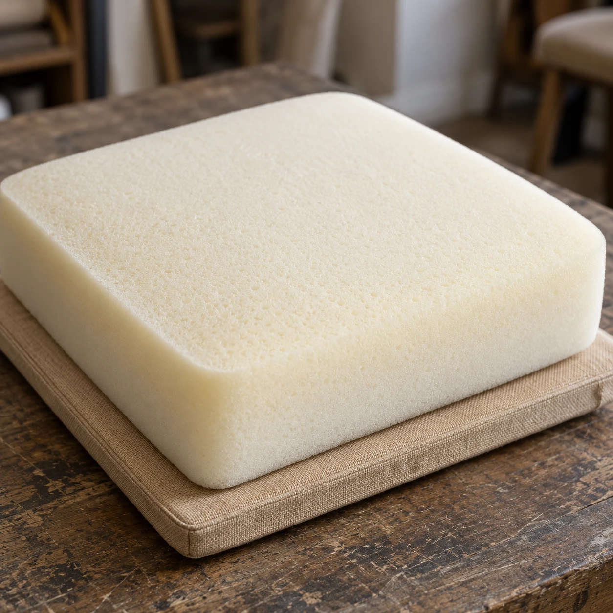 A new block of pale upholstery foam cut square, resting on a hessian-covered seat board on a workbench