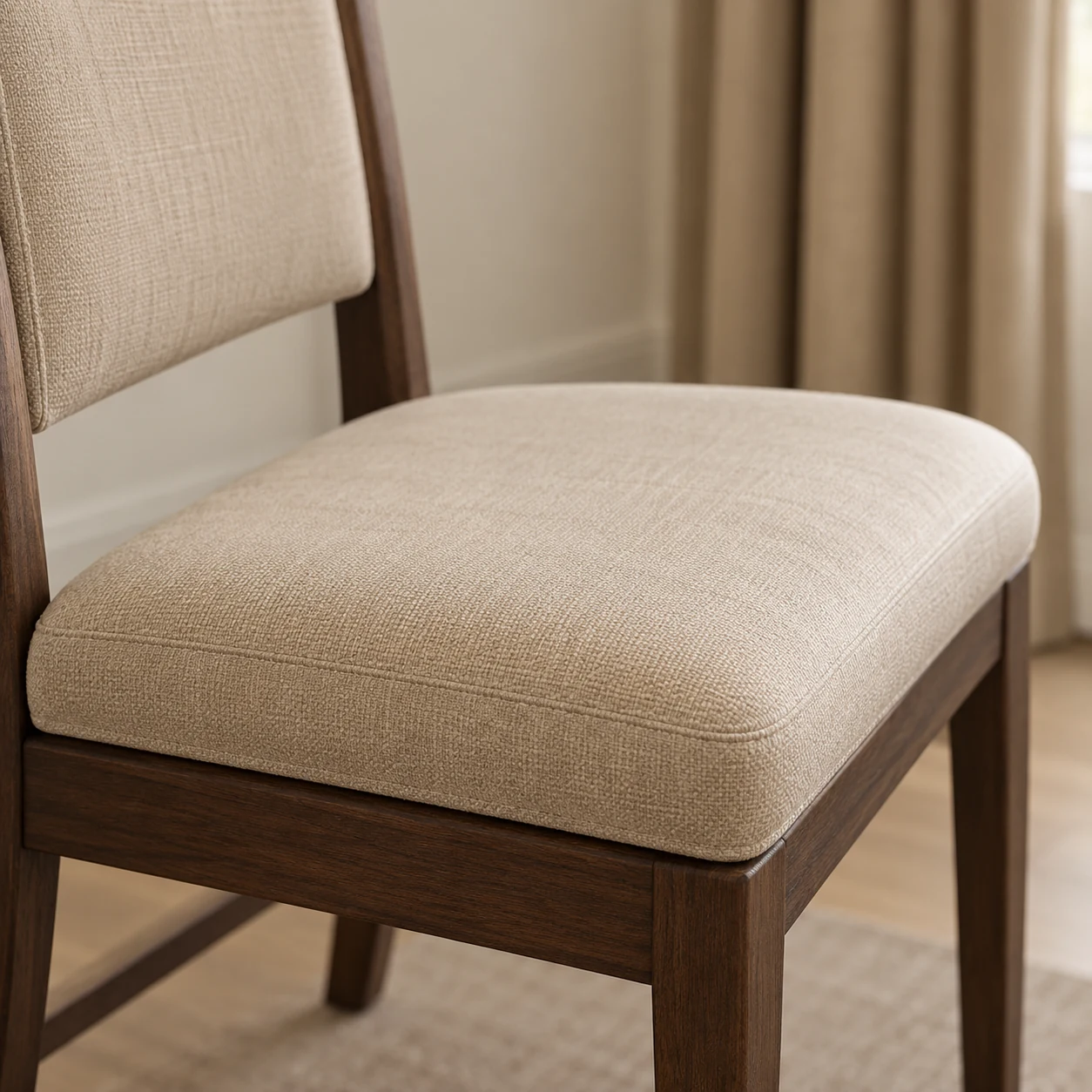 Upholstered dining chair seat pad in linen on a dark wood frame