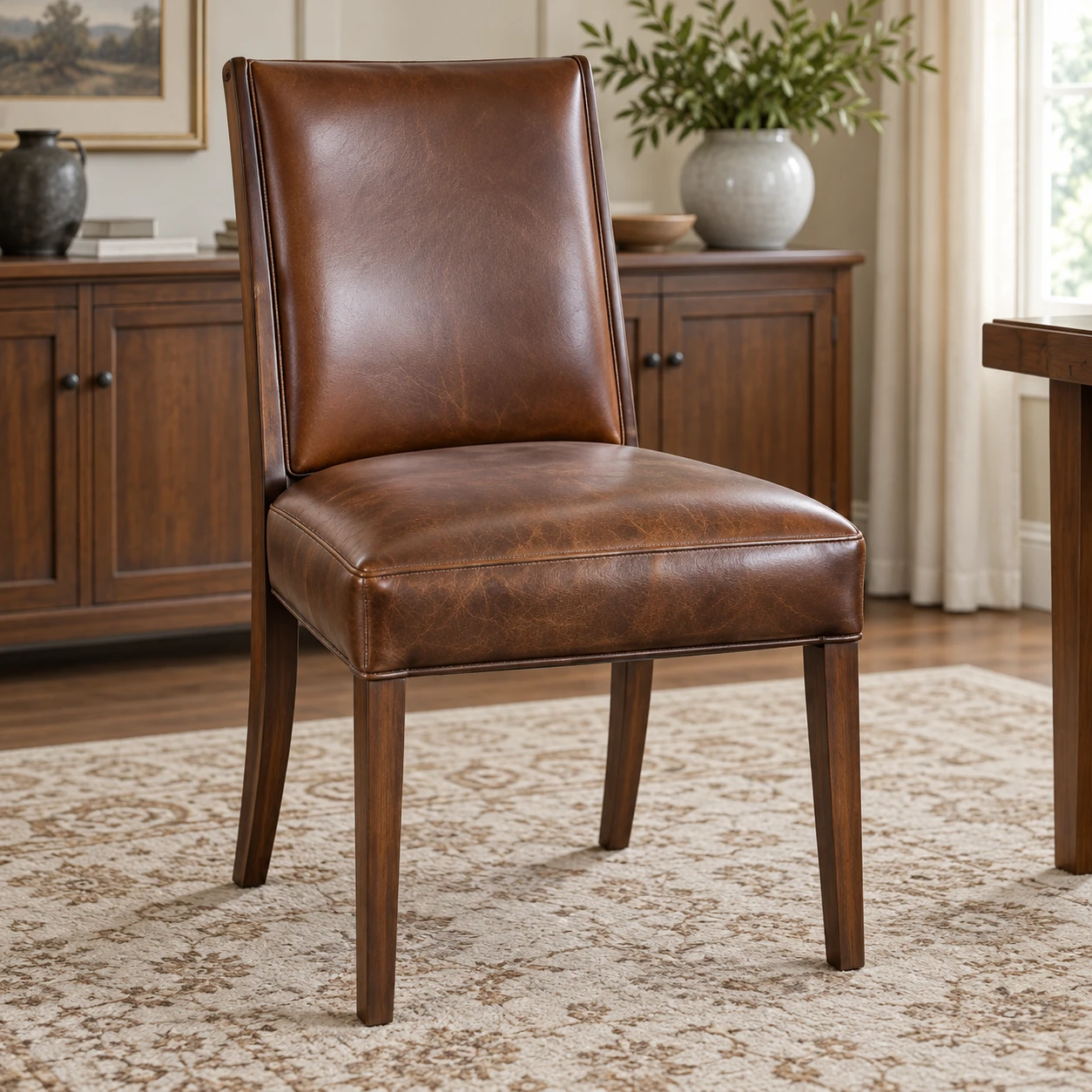 A dining side chair with both the seat and the inside back upholstered in mid-brown leather