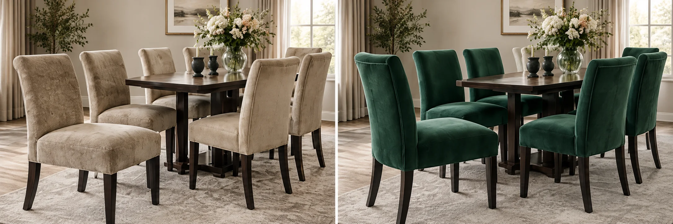 Reupholster dining room chairs NYC before and after: the same dining set in worn beige, then recovered in emerald velvet