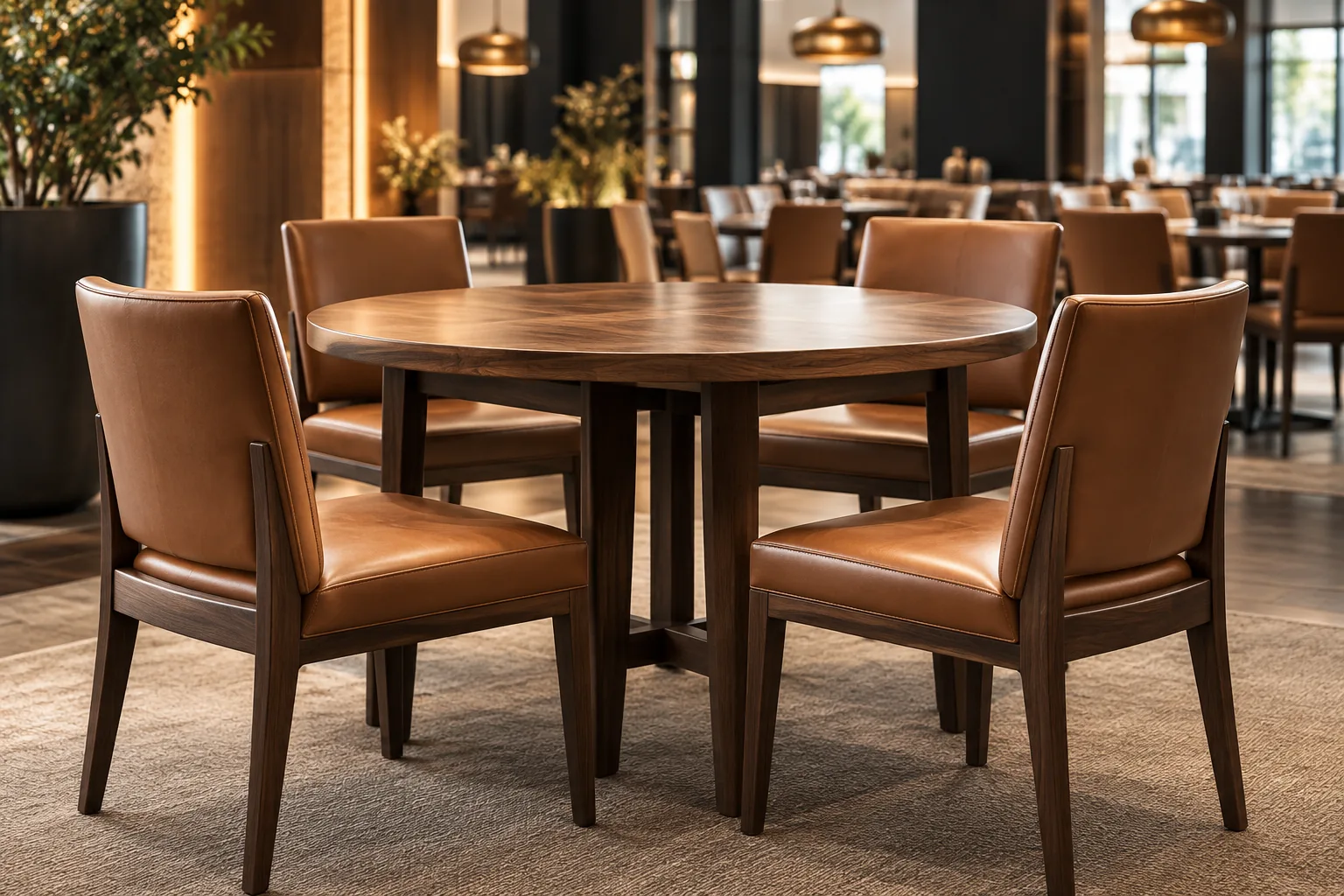 Tan leather dining chairs around a round restaurant table