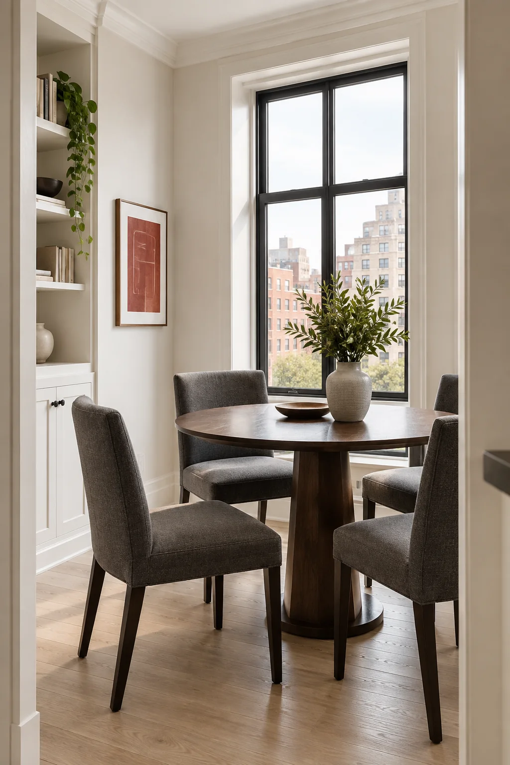 Sunlit walnut dining nook with recovered chairs