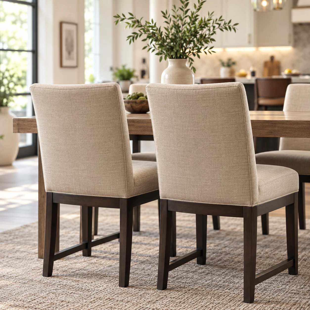 Dining room chairs fitted with matching replacement seat pads