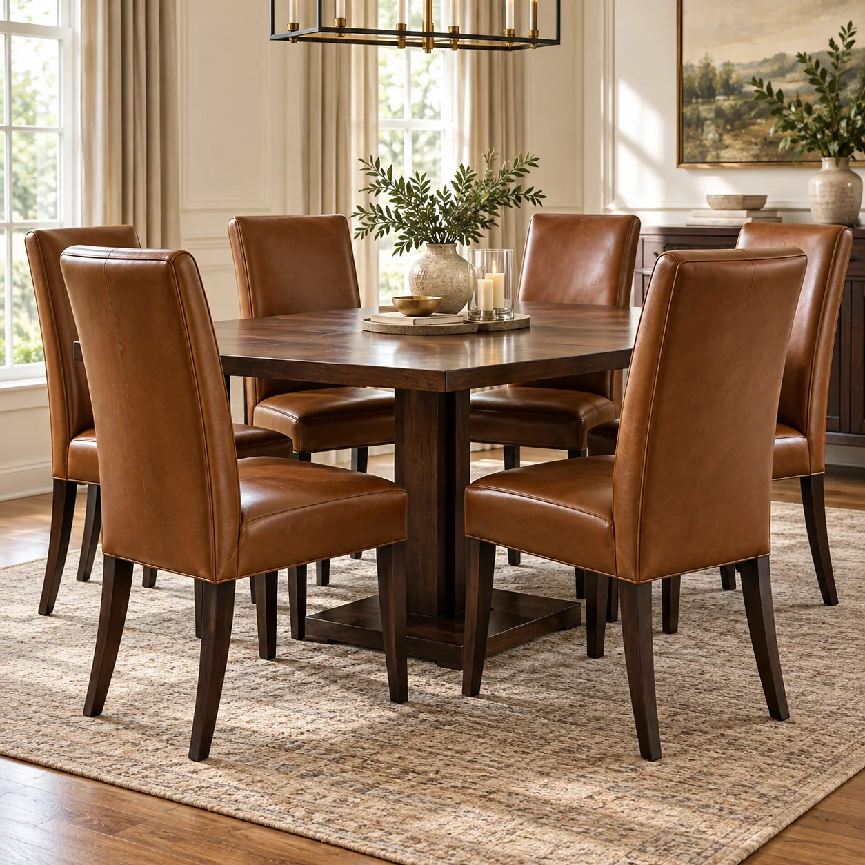 Matching cognac leather dining chairs