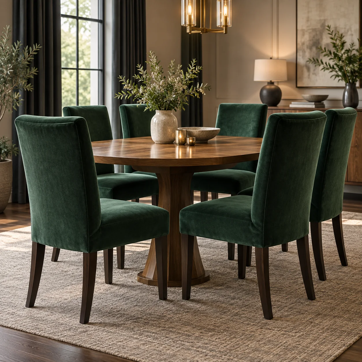 Dining set recovered in forest green velvet