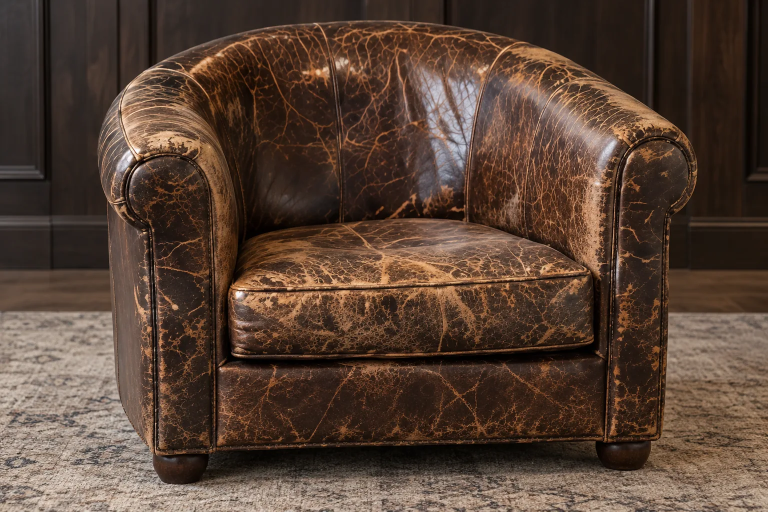 Distressed antique leather club chair with cracked and flaking hide before restoration