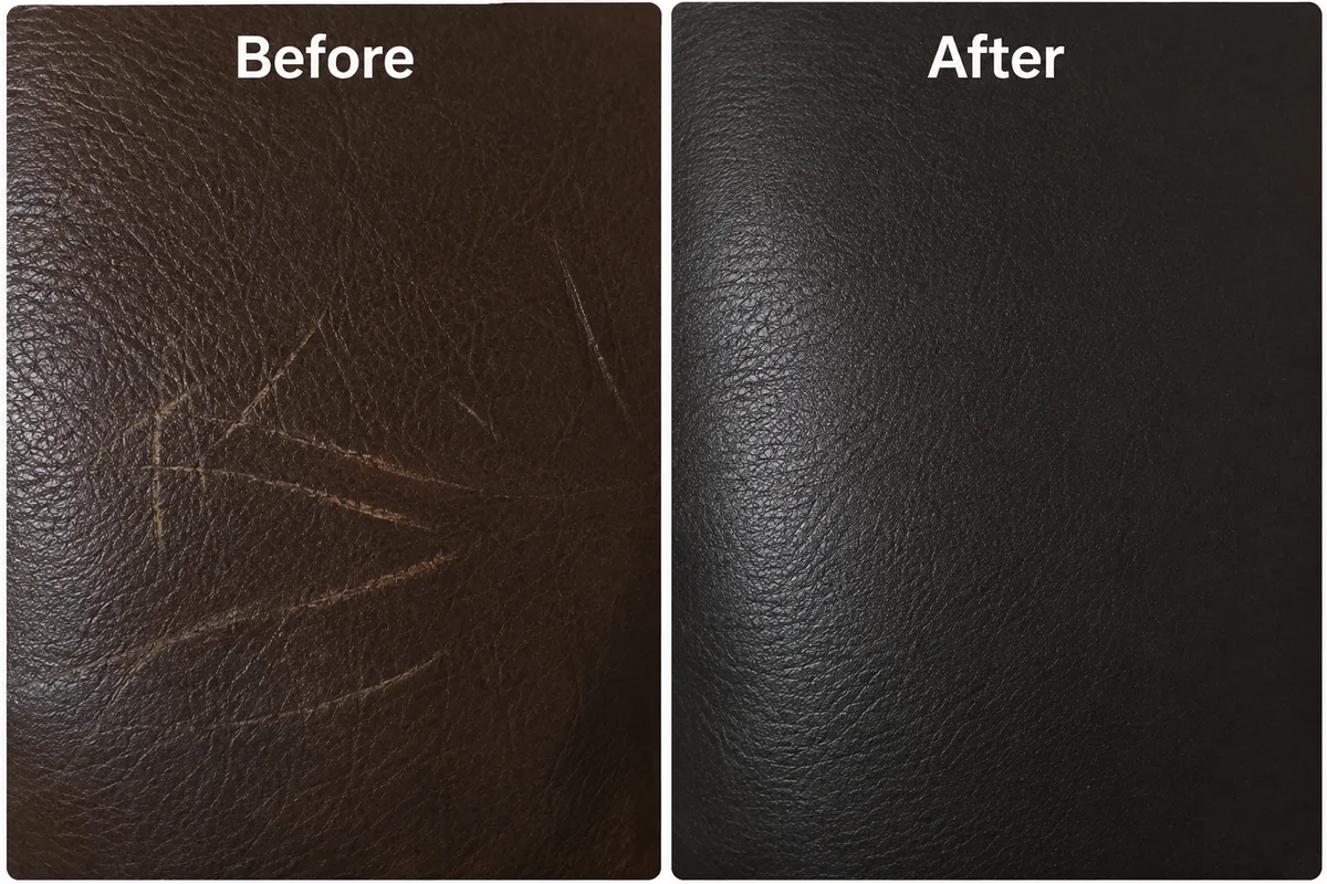 Close-up of brown leather before and after dog claw mark repair, the deeper gouges rebuilt and re-grained