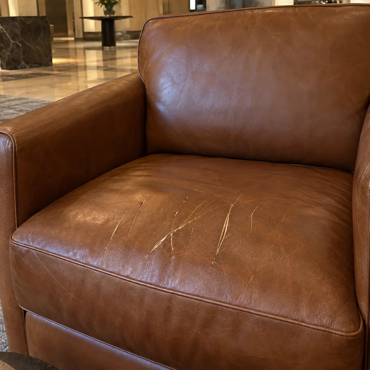 Scratched cognac leather armchair