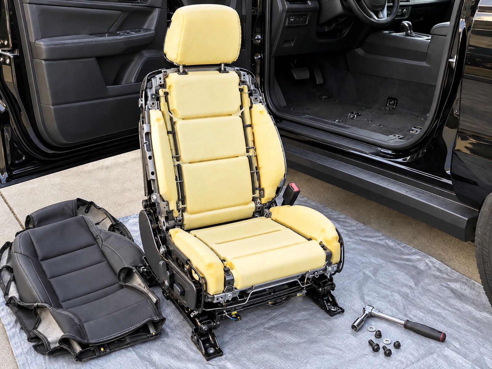 The same seat with its cover off, foam and frame showing