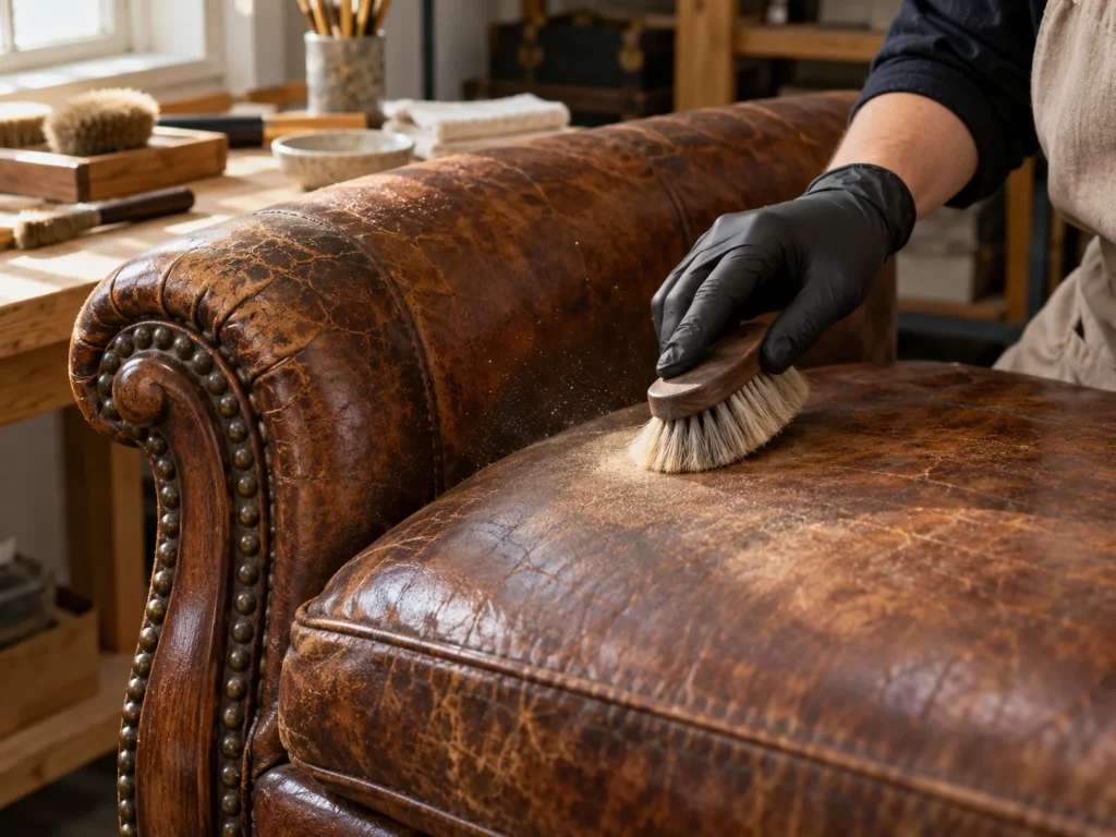 Soft brush lifting dirt from an antique leather chair