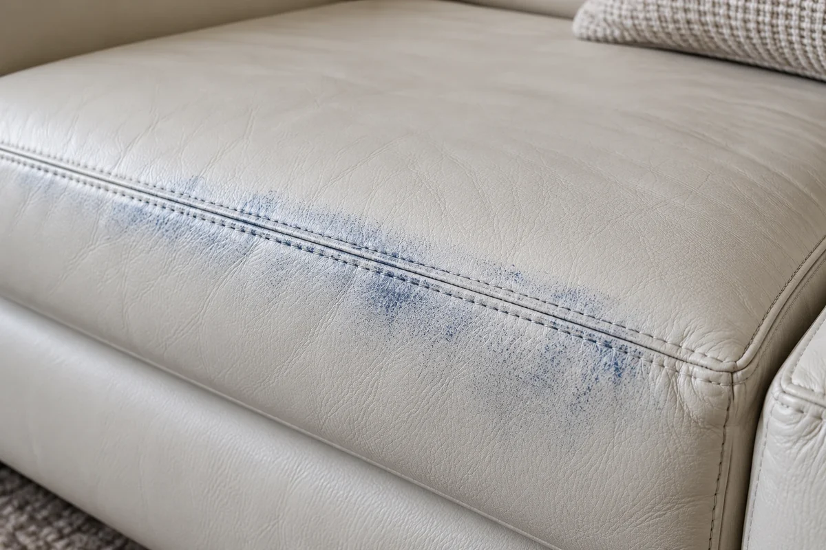 Blue dye following the piped front edge of a pale leather seat cushion