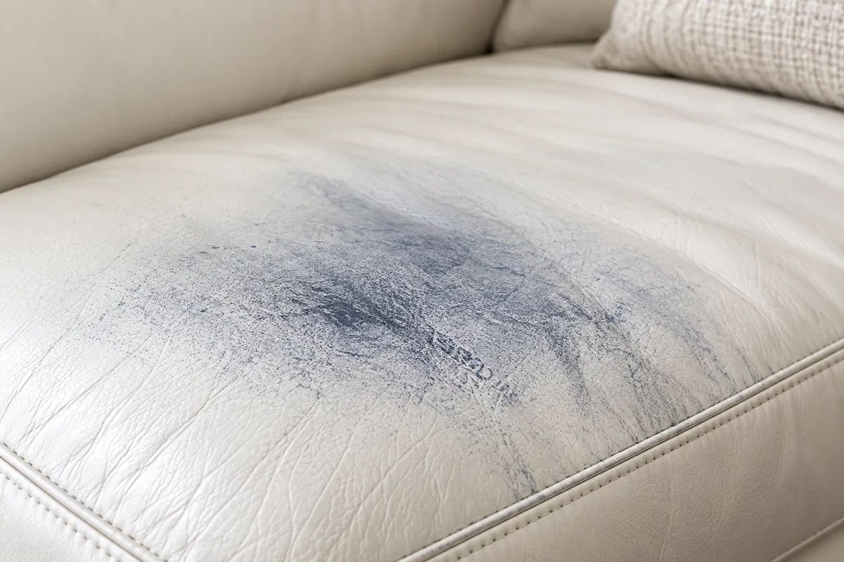 Leather dye transfer removal: blue denim indigo spread across a pale leather seat cushion
