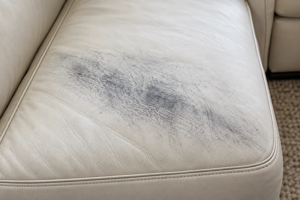 Diffuse grey marks left on a cream leather seat by dark clothing