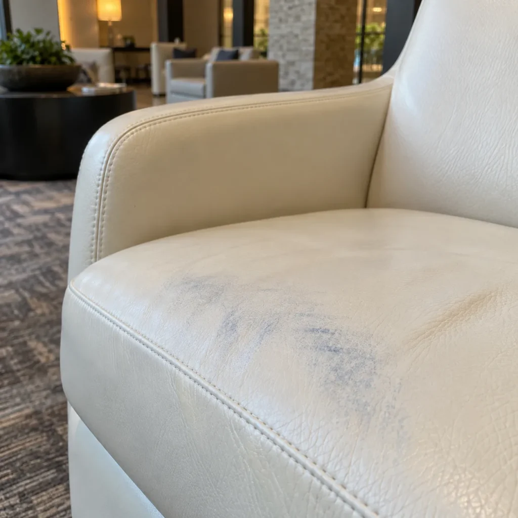 Blue denim dye rubbed onto a cream leather lobby seat