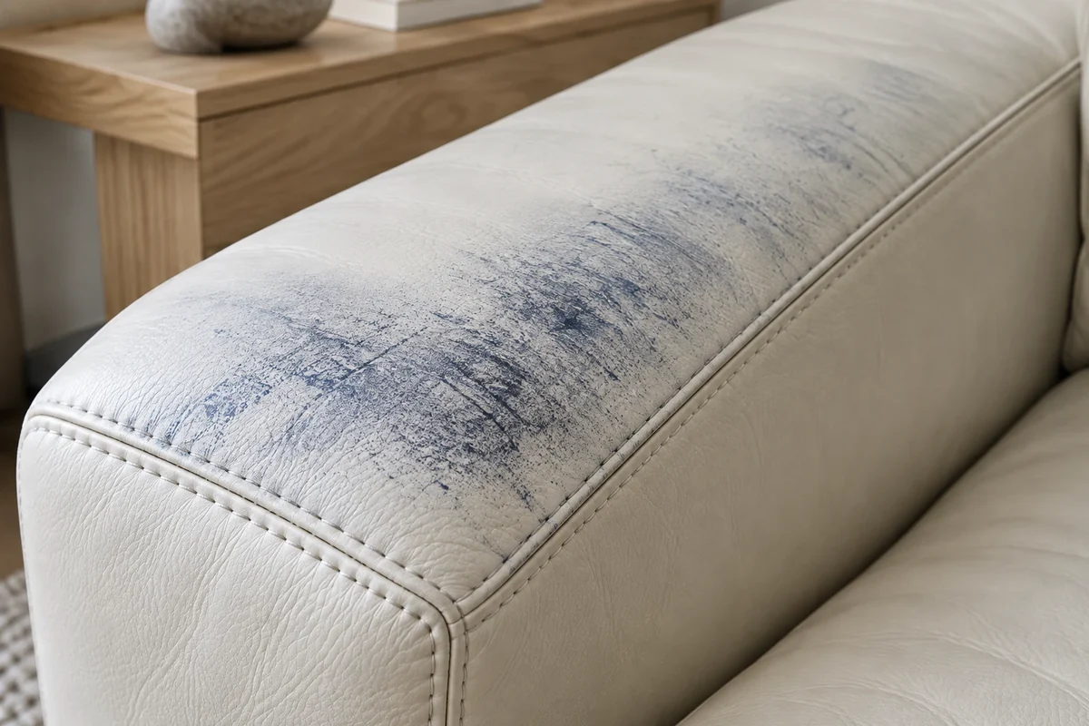 Blue discoloration along the rolled armrest of a pale leather sofa