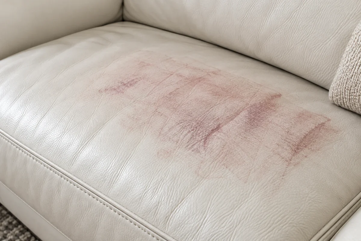 Reddish pink discoloration on a cream leather seat from a colored cushion