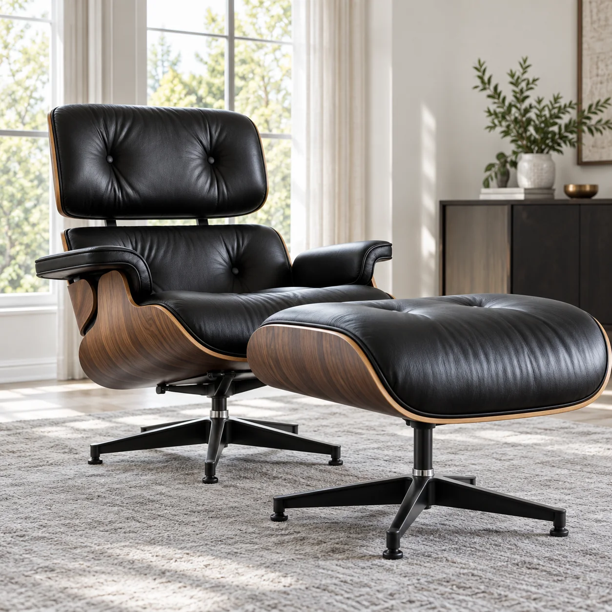 Eames lounge chair and ottoman in a living room