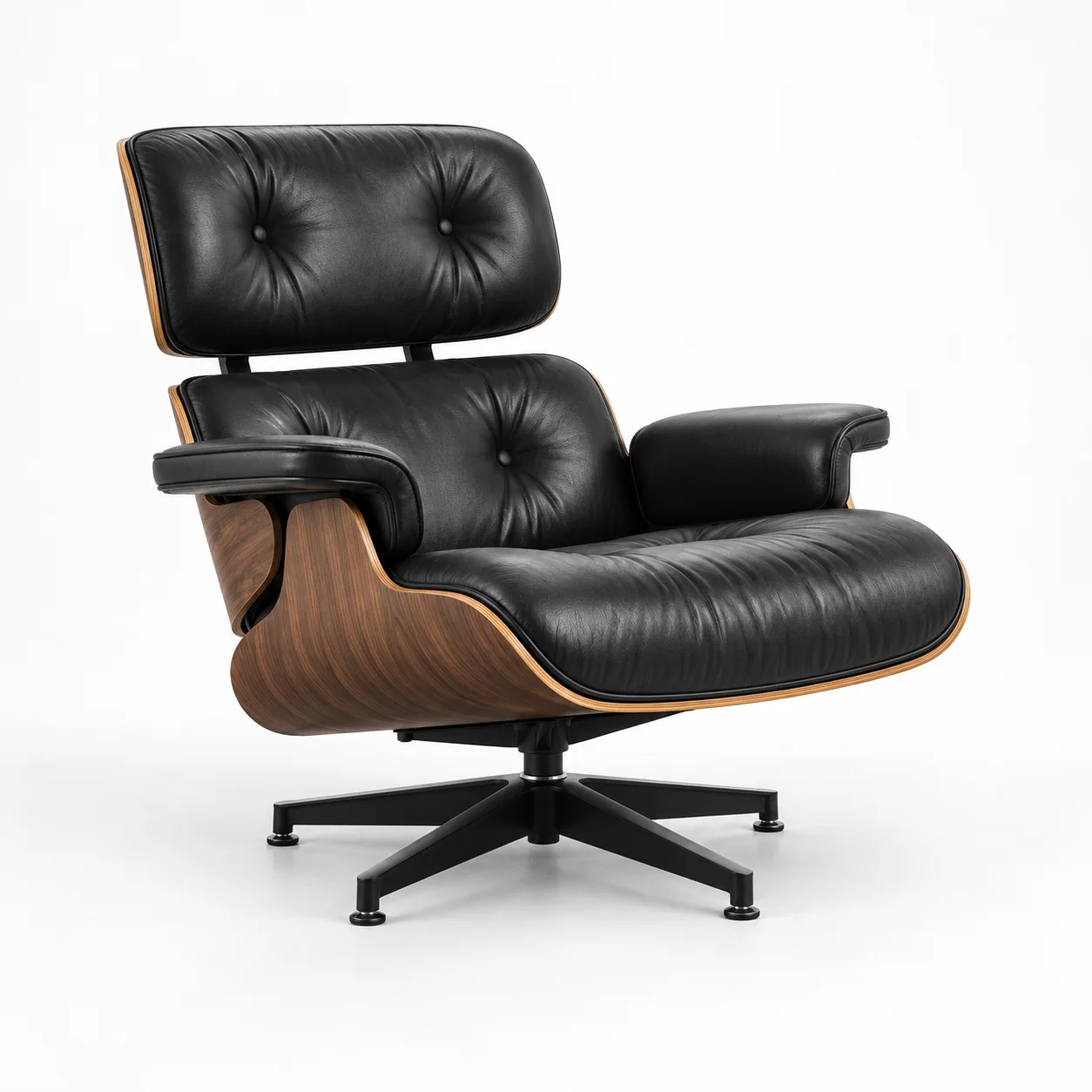 Classic black leather Eames lounge chair before restoration
