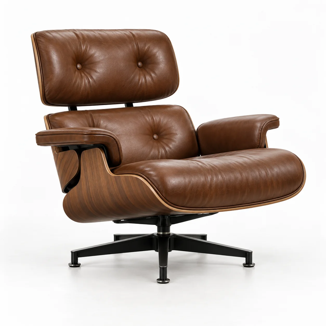 Brown leather Eames lounge chair with walnut veneer shell