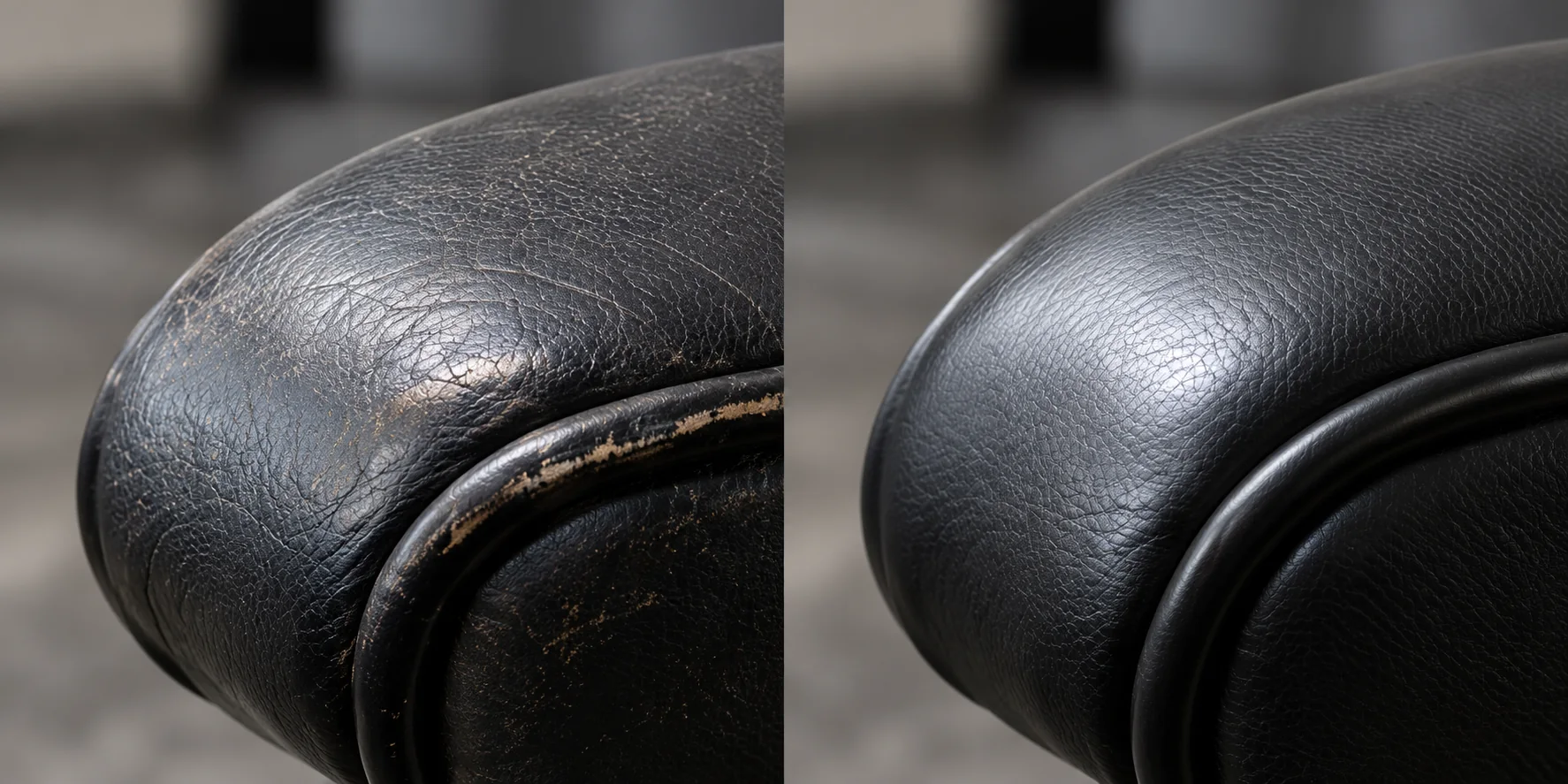 Before and after leather repair along the worn piping of a black Eames armrest