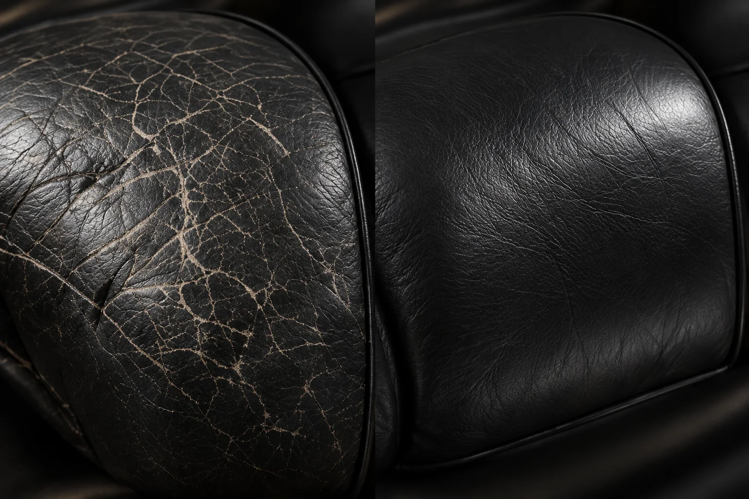 Before and after Eames leather chair repair on a black armrest