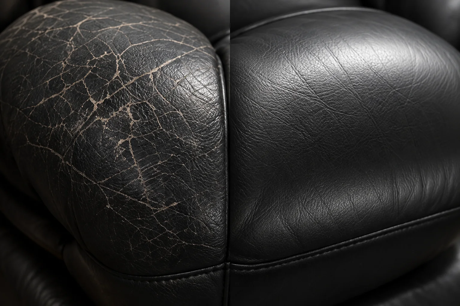 Before and after leather repair on a black Eames lounge chair cushion