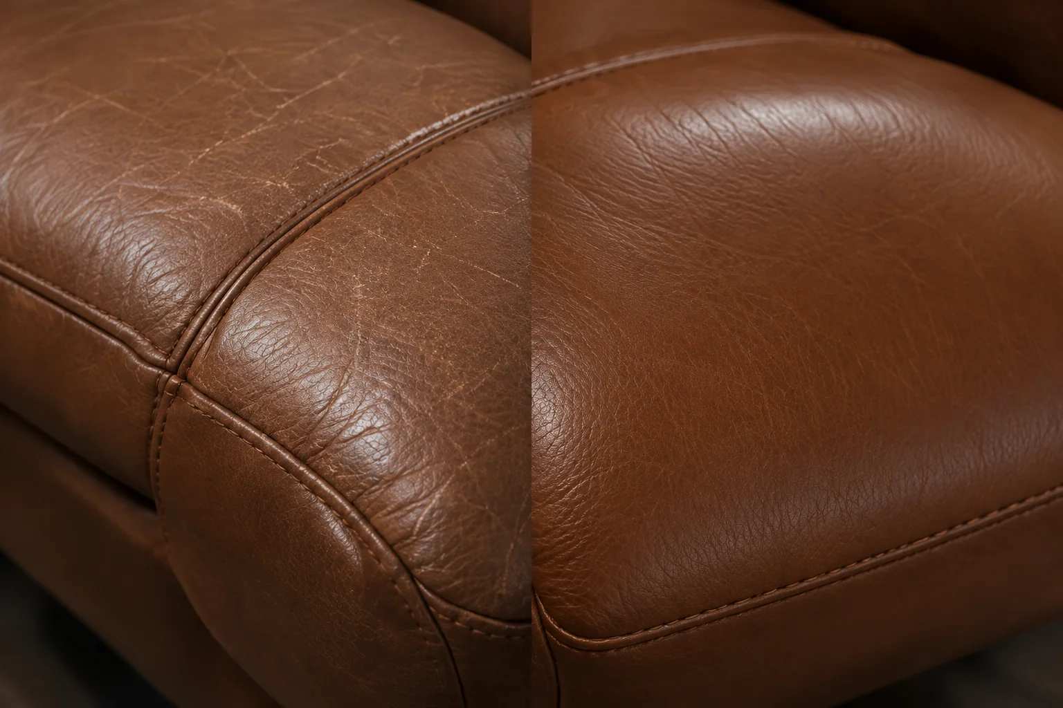 Before and after leather repair on a brown Eames lounge chair cushion