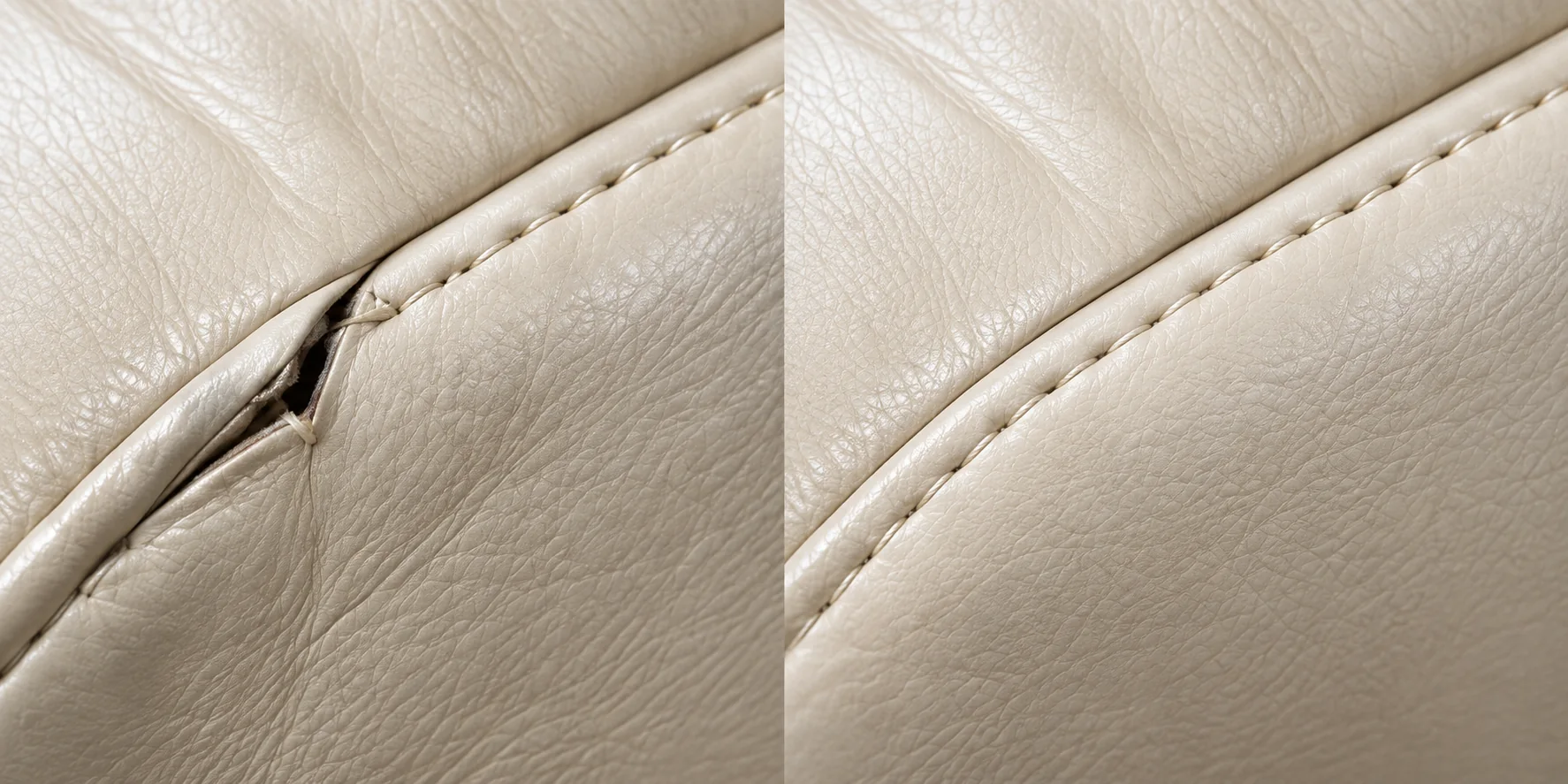 Before and after repair of a split seam on a cream Eames cushion