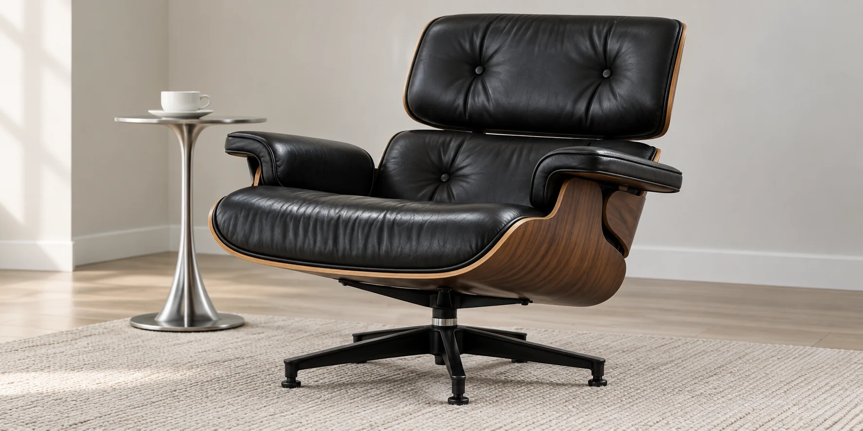 A black leather and walnut Eames lounge chair photographed whole