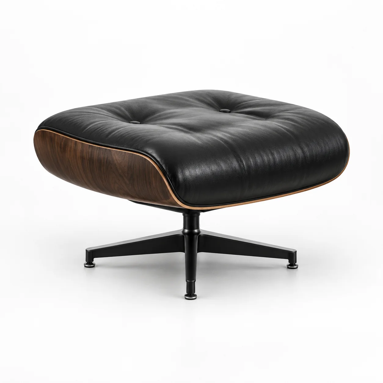 Black leather Eames ottoman on a walnut shell