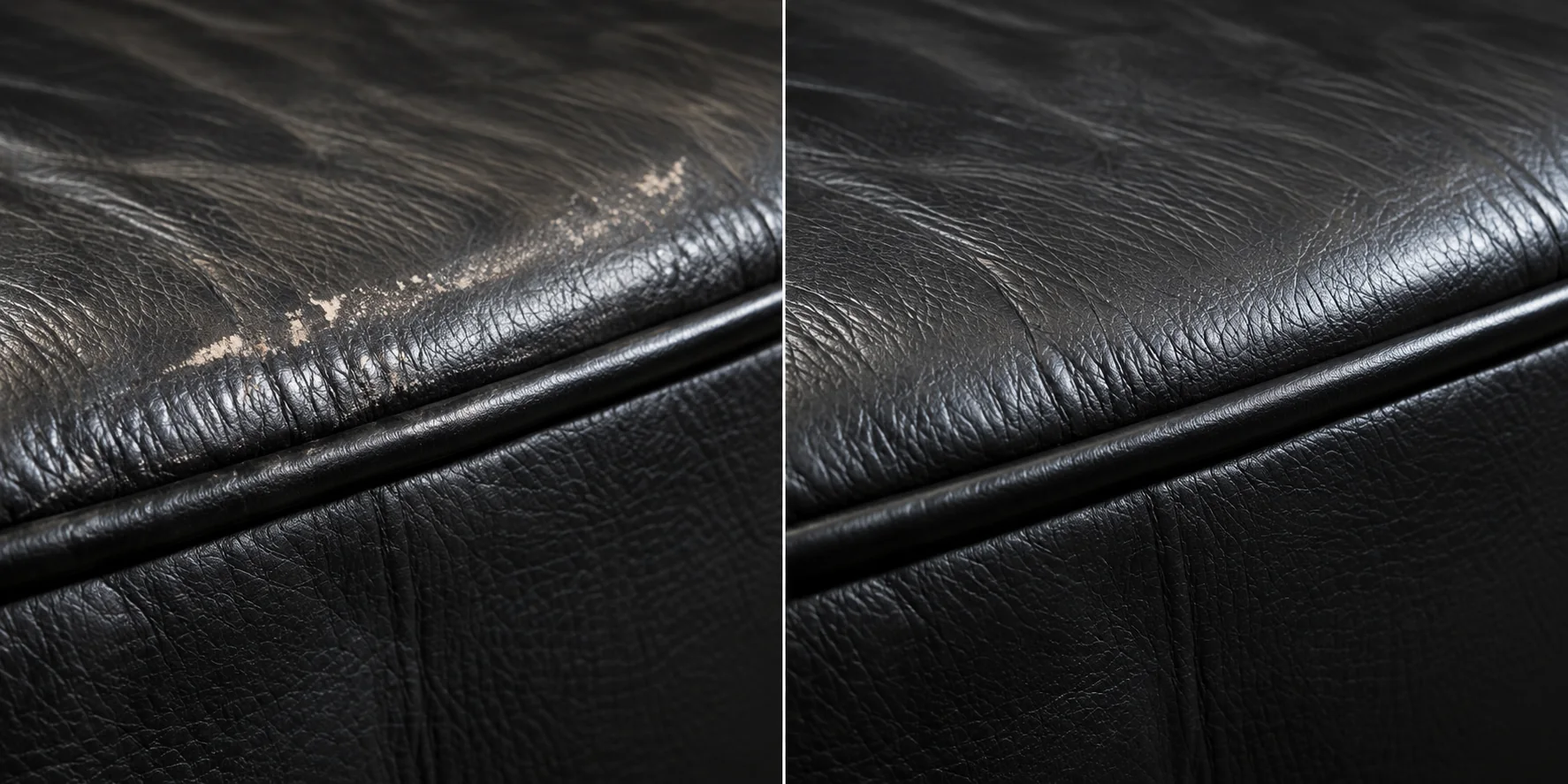 Before and after leather repair on the scuffed black edge of an Eames ottoman