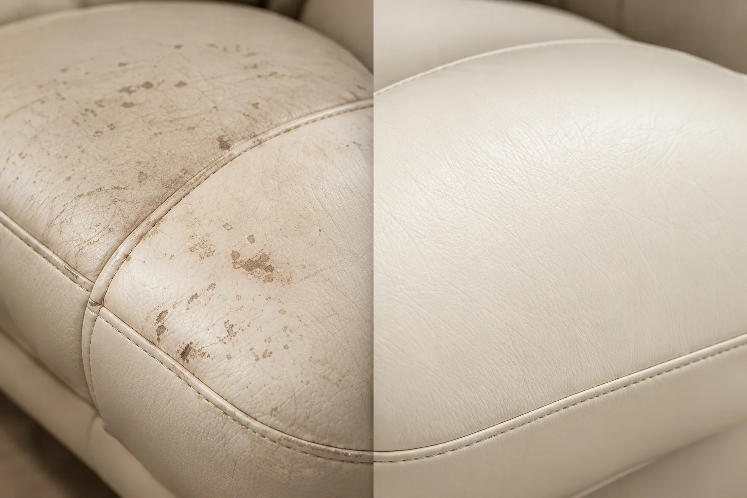 Before and after leather repair on a cream Eames ottoman cushion
