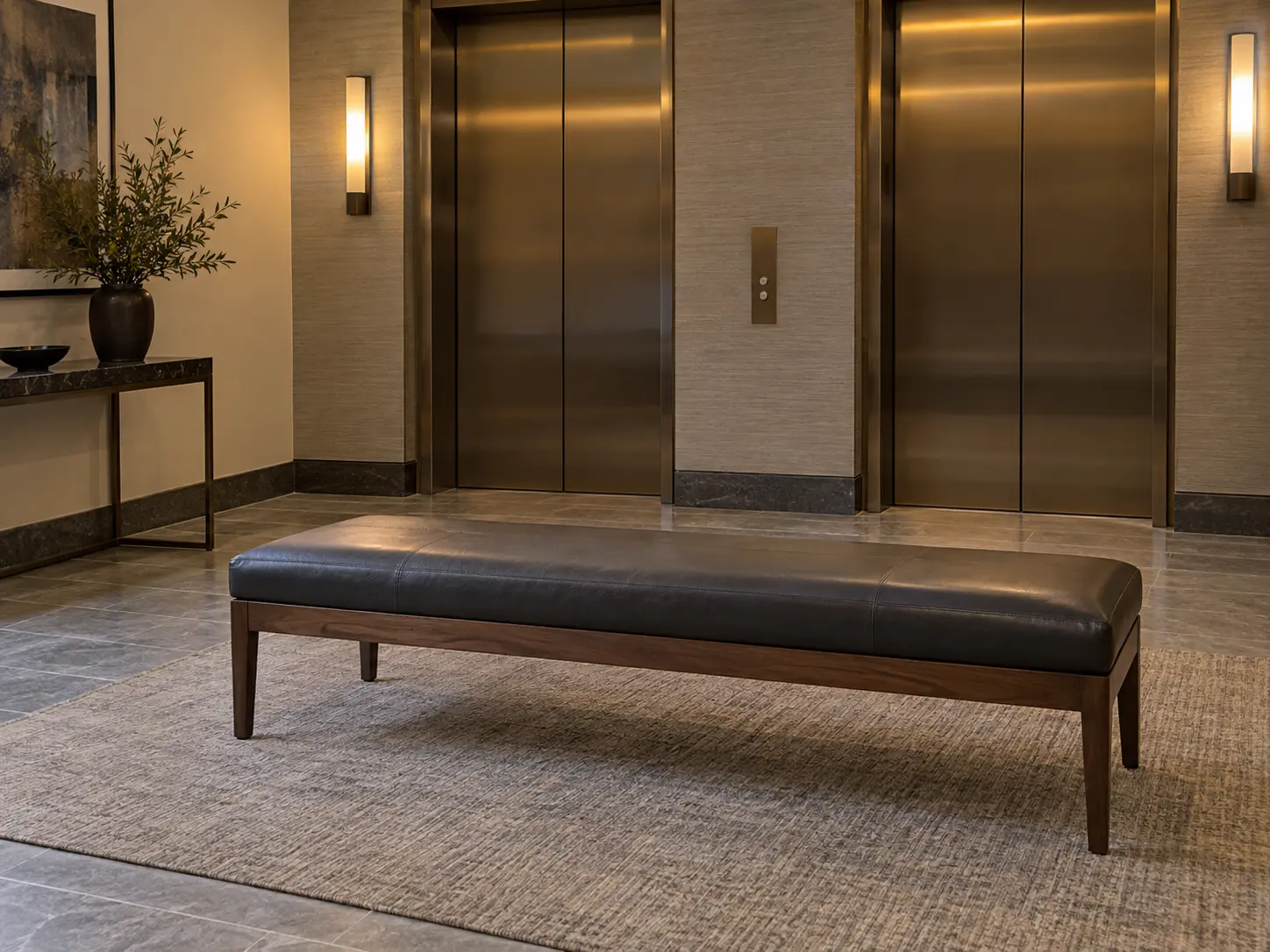 An upholstered bench on a building elevator landing