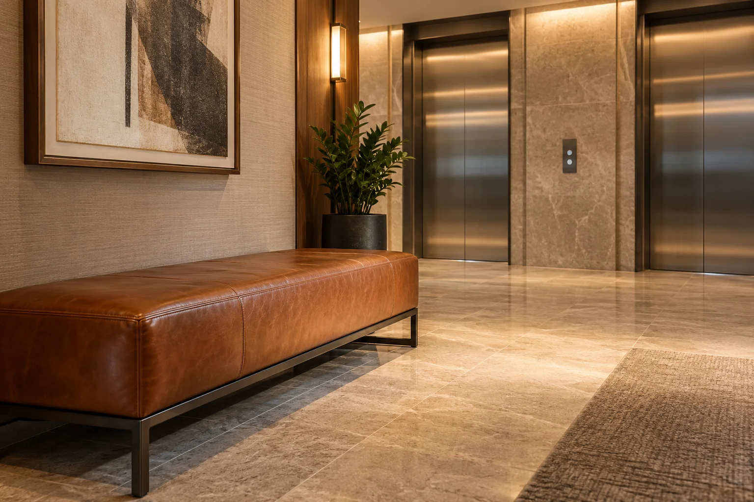 A leather bench in an elevator lobby