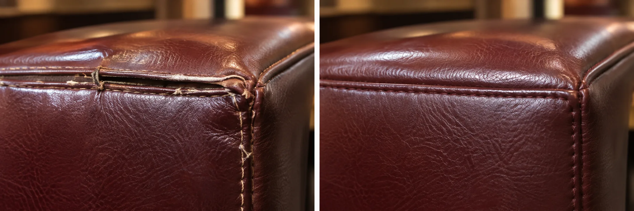 Before and after of a split seam repaired on a restaurant booth