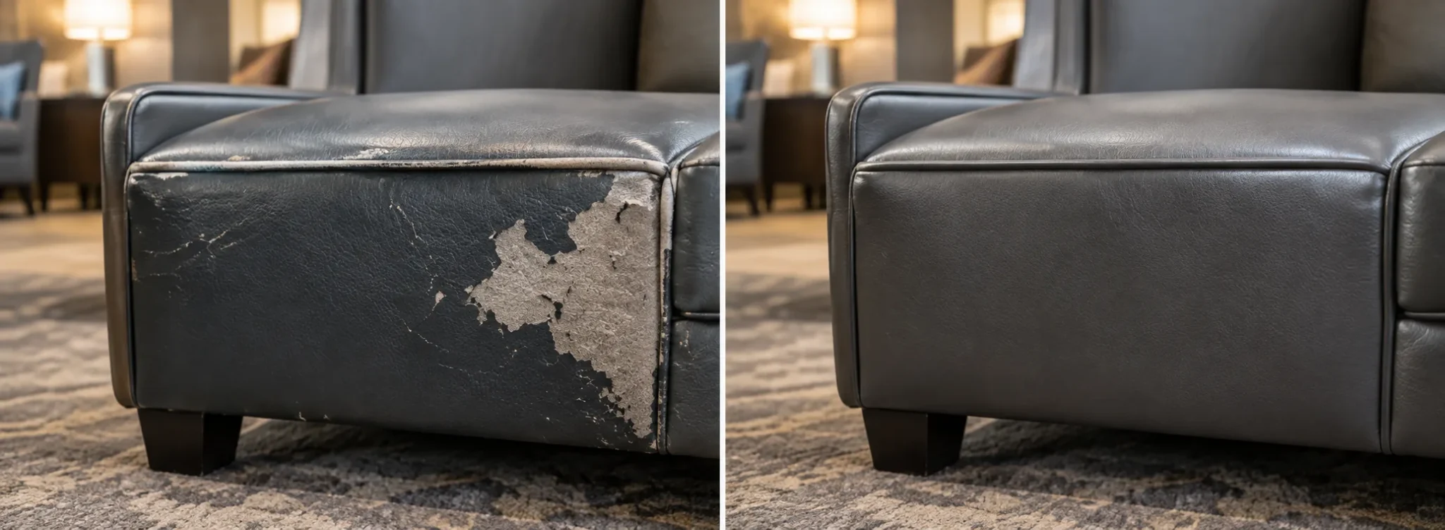 Lobby sofa before and after emergency repair